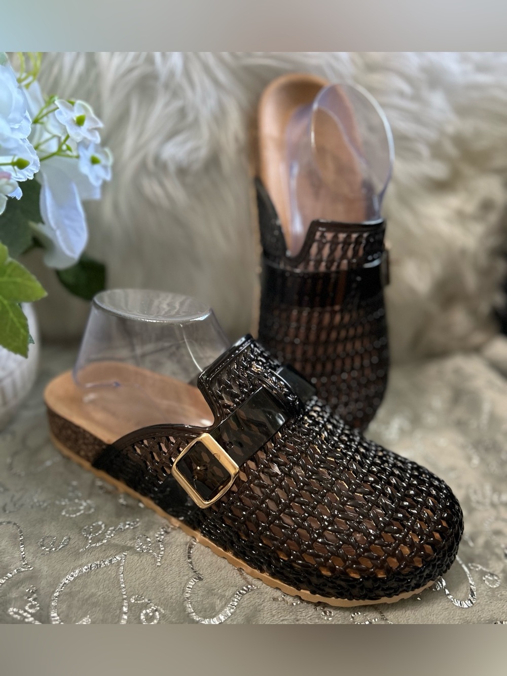 NWT Charles Albert Size 10, Black, Jelly Top Woven Buckle Mules - Picture 2 of 5